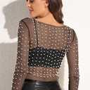 Women's Pearl Rhinestone See Through Long Sleeve Mesh Blouse One Piece Cover Up Halloween Festival Crop Top