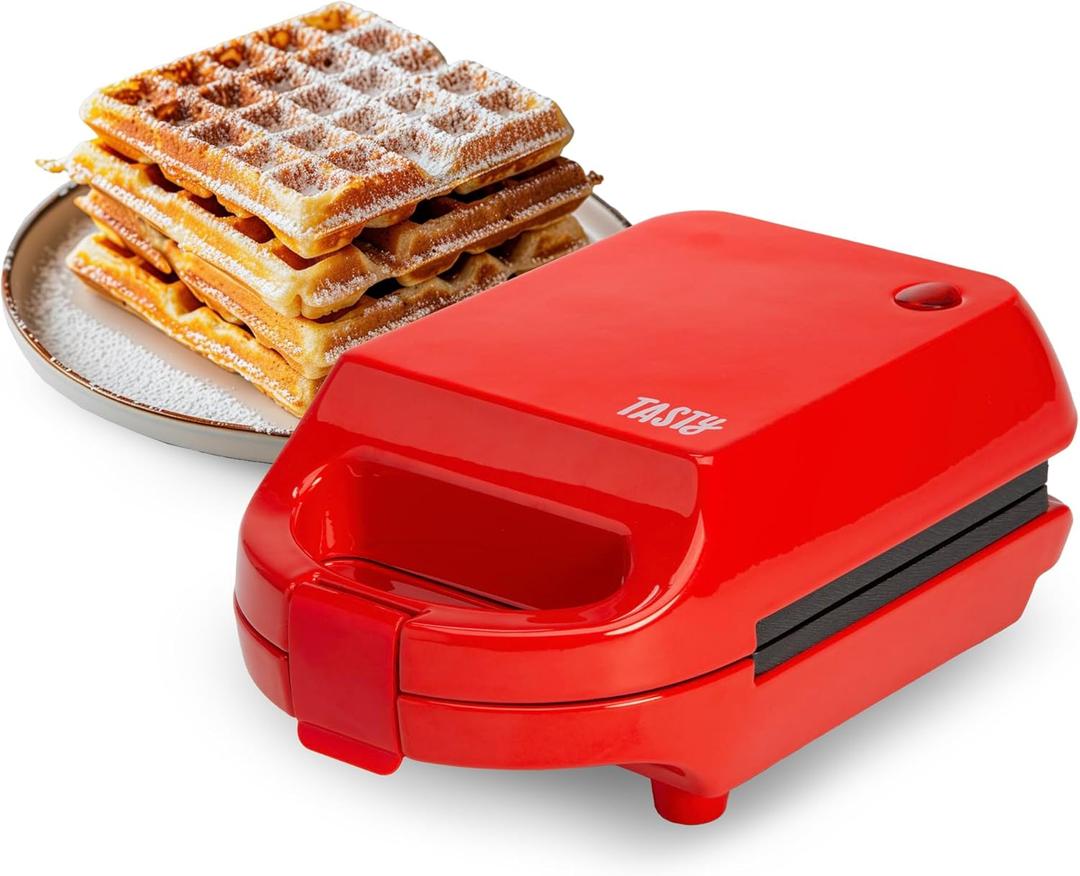 Tasty Mini Nonstick Waffle Maker, Perfect for Individual Waffles, Hash Browns, Brownies and more, Quick Results, Easy Clean Up, 600W, Red