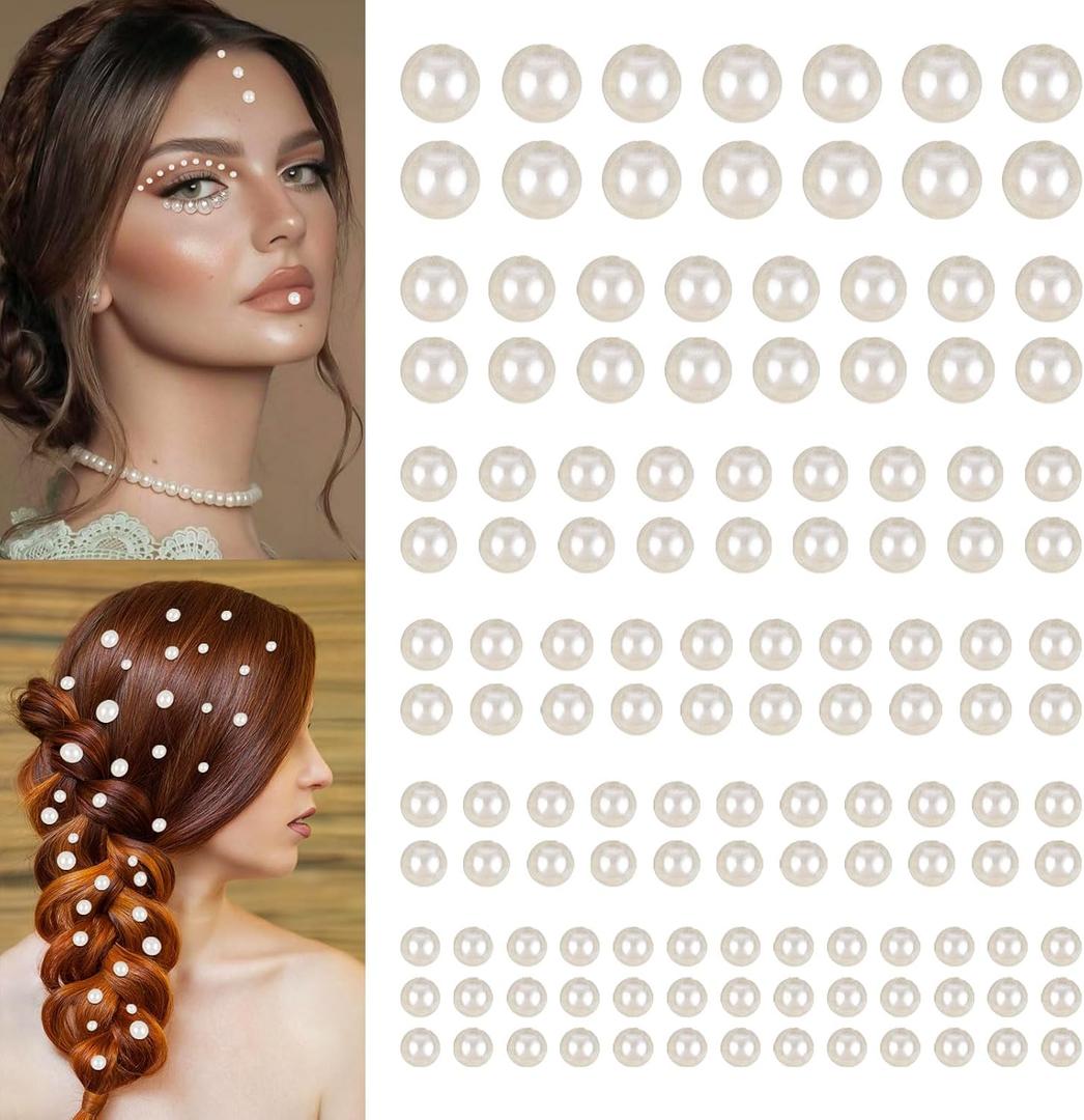 2744 Pcs Hair Pearls Stick On, Self Adhesive Pearl Stickers, Pearl Stickers for Crafts, Stick On Pearls, Hair Face Gems, Face Pearls, Beige Pearl Stickers for Makeup Nail DIY Crafts,Assorted Size