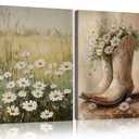 2 Pcs Vintage Country Daisy Canvas Wall Art Western Cowgirl Boots Wall Decor Paintings Farmhouse Floral Posters Print Wildflower Artwork Pictures for Living Room Bedroom Kitchen Home Decor 16×24 Inch