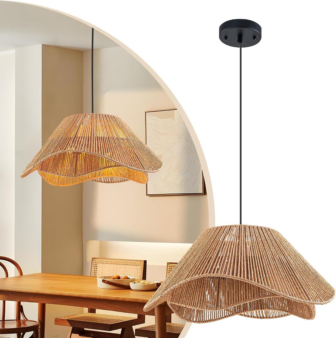 LumStory 19.7 Rattan Pendant Light Fixture Boho Farmhouse Woven Rattan Chandelier for Dining Room, 3-Light Large Bohemian Rustic Wicker Ceiling Hanging Lamp Over Table for Kitchen Island, Living Room