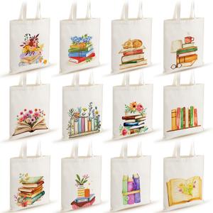 Shinylin 12 Pcs Books with Flowers Canvas Tote Bags Bulk Book Lovers Tote Bag Book Club Gift Totes for Birthday Party Teacher Mother's Day Women Gift