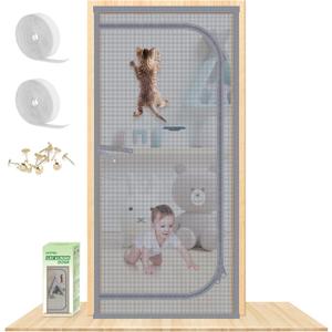 Reinforced Cat Screen Door, Fits Door Size 34''x 80'' Heavy Duty Pets Proof Screen Door with Bilateral Zipper, Prevent Dogs Cats Running Out from Home, Bedroom,Living Room, Kitchen