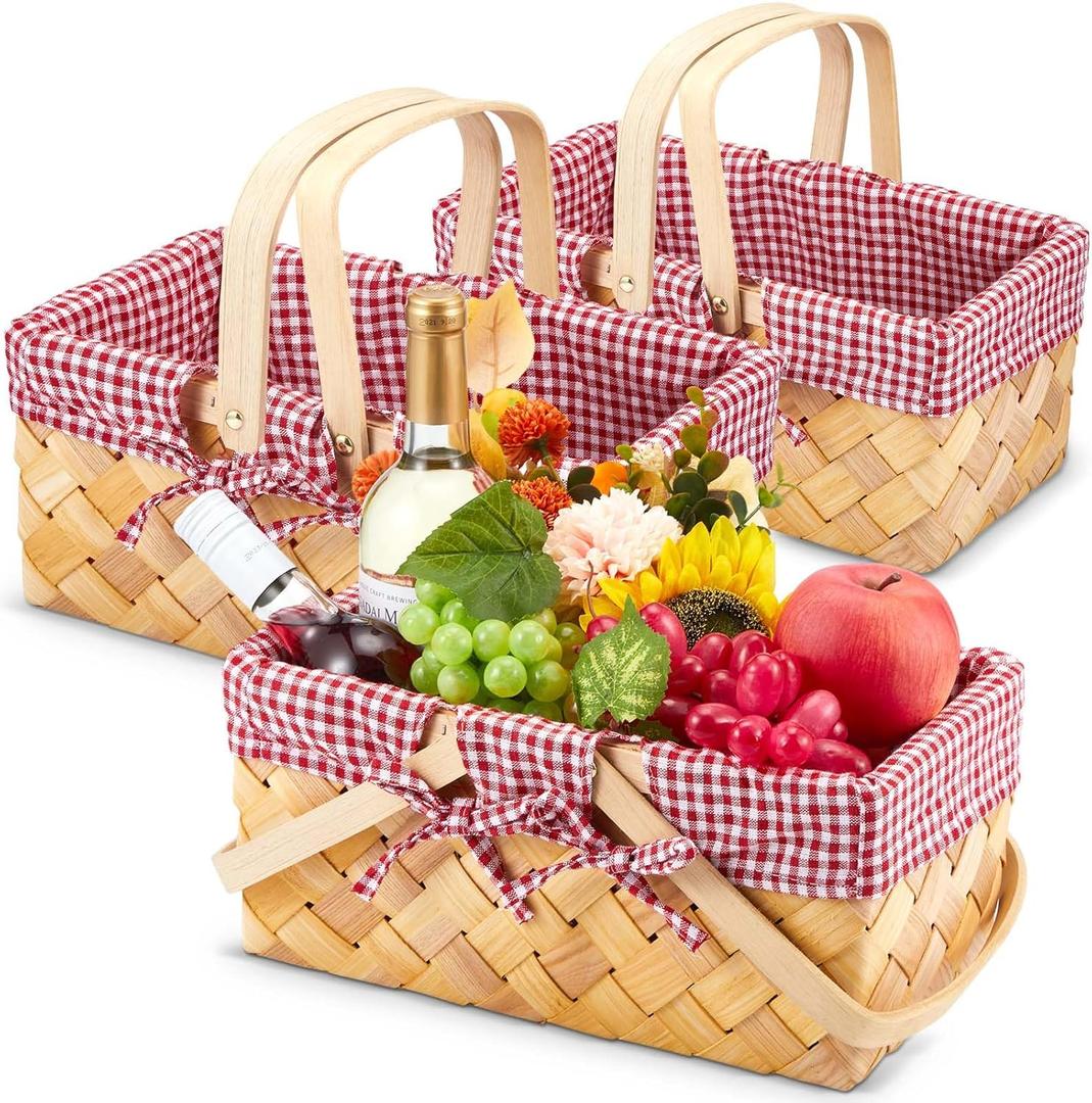 Sintuff 3 Pcs Natural Woven Picnic Basket with Double Folding Handles and Removable Liner Vintage Wooden Picnic Baskets for Halloween Red Riding Hood Apple Gift Candy Fruit Storage(Wood Color)