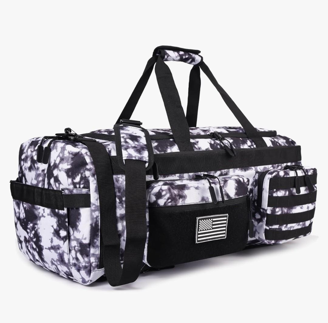 LHI 50L Tactical Duffle Bag for Men, 3-in-1 Gym Duffle and Backpack, Shoe Compartment, Laptop Sleeve and MOLLE, Carry-On Travel Weekender and Overnight Bag – Black and White