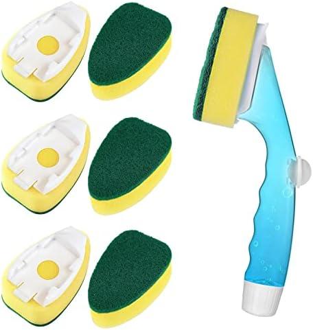Non Scratch Dishwand Refills Handle, Dish Wand Refill Pack, 6 Heavy Duty Replacement Sponge Heads Set, Soap Dispenser Scrubbers, Dishwashing Scrub Dispensing Brush Pads, Dishwasher Cleaning Tool kit