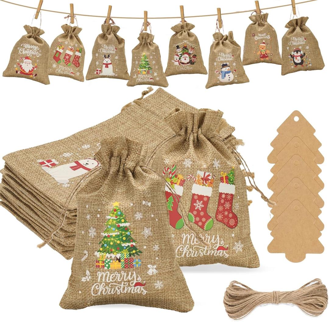 G2PLUS Christmas Drawstring Burlap Gift Bags - 24 Pack Christmas Advent Calendar Bags, 8 Designs 5x7 inches Gift Wrapping Bag with Xmas Tree Tags for Xmas Holiday Party Favors