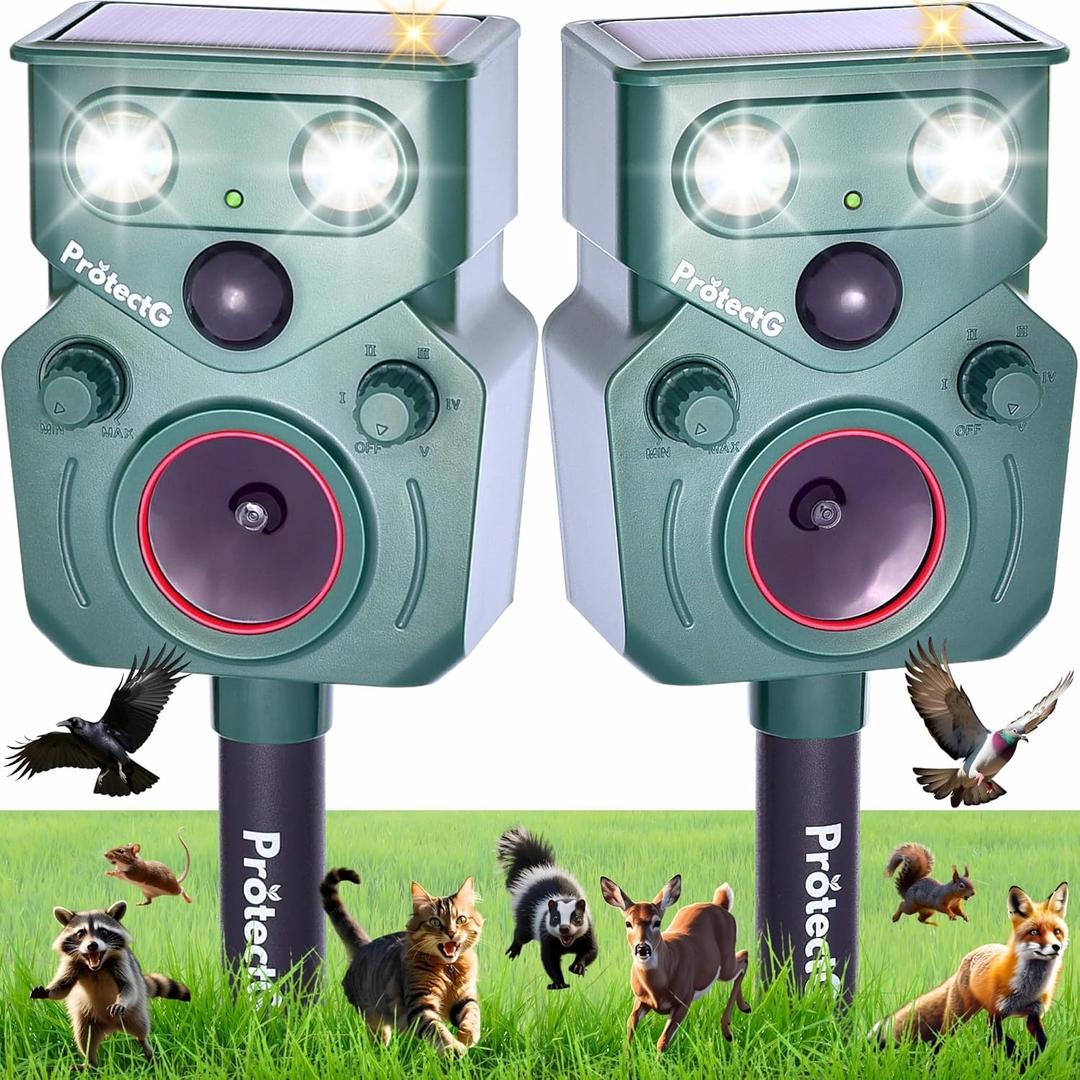2 Pack Solar Ultrasonic Animal Repellent - Motion Activated Deterrent - Extended Coverage for Farm, Orchard, Garden Large Yard Wildlife Defense - Waterproof Raccoon, Deer, Bird, Cat Repellent