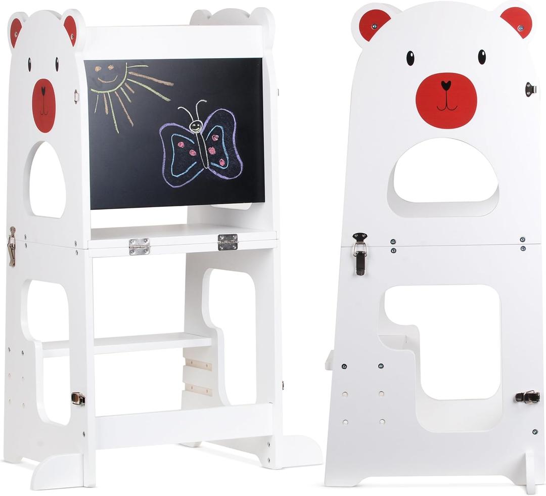 Toddler Tower, 2 in 1 Montessori Learning Tower with Chalkboard, Foldable Toddler Table and Chair, Kitchen Helper Stool, Natural Wooden Step Stool for Kids