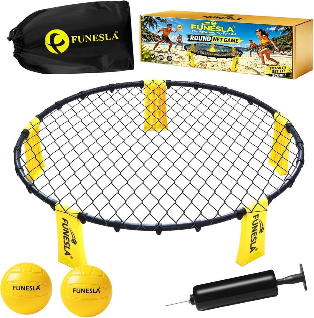 Roundnet Game Set - Outdoor Beach Volleyball Game, Quick Setup Non-Slip Ball Game with Hidden Needle Air Pump & Carry Bag for Beach Backyard Lawn, Park