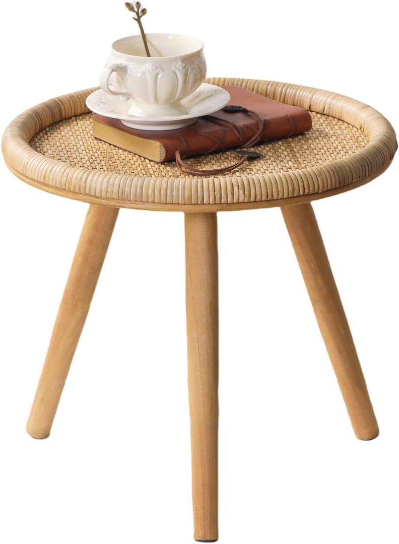 Rattan Round Coffee Table, Boho Circle Side Table End Table for Living Room, Small Mid Century Accent Table for Bedroom Balcony (Wooden)