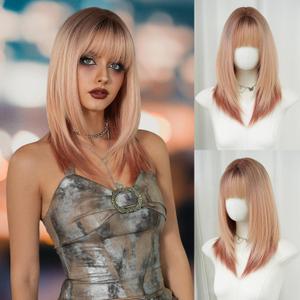 7JHH WIGS Long Straight Pink Blonde Ombre Layered Wig with Bangs 21inch Layered Straight Dark Orange Ombre Synthetic Natural Looking Wigs for Women Party Cospaly and Daily Used