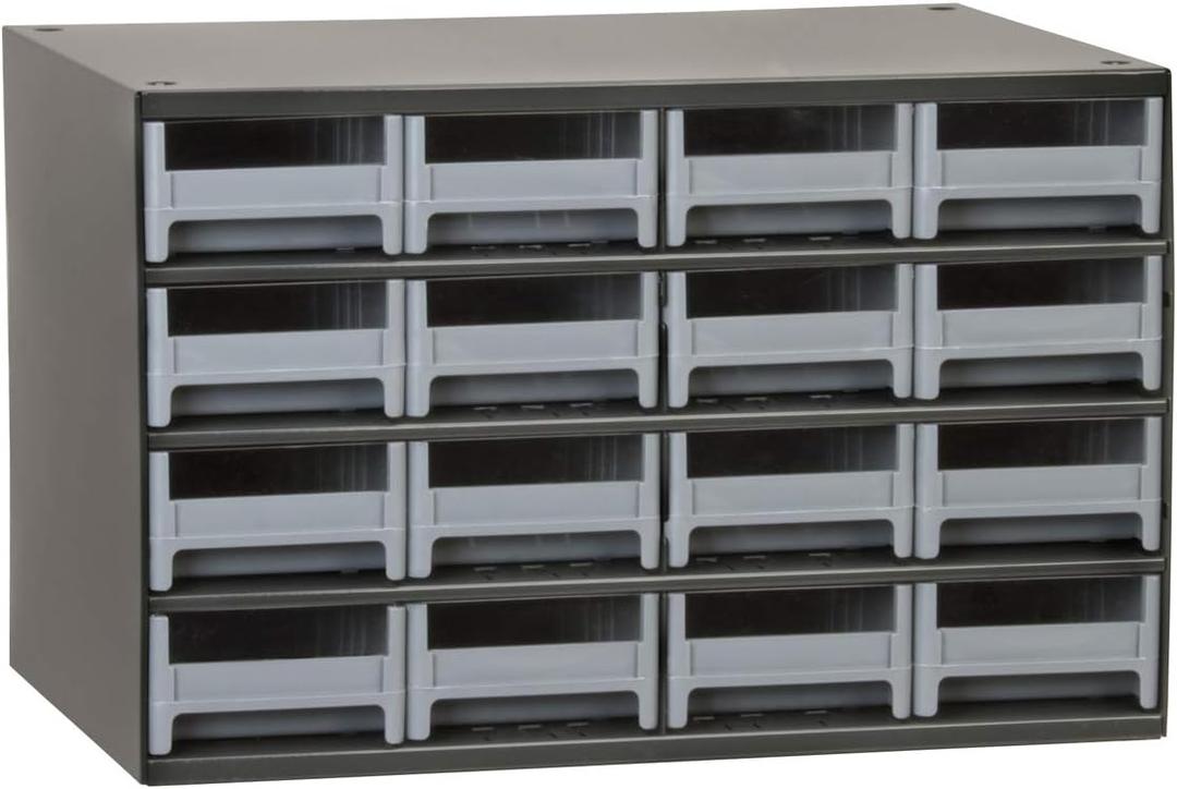 Akro-Mils Steel Garage Storage Cabinet, Small Parts Organizer Metal Cabinet for Hardware, Nails, Screws, Bolts, Nuts, and More, 17" W x 11" D x 11" H, 16-Drawer, Gray Cabinet/Gray Drawers (19416)