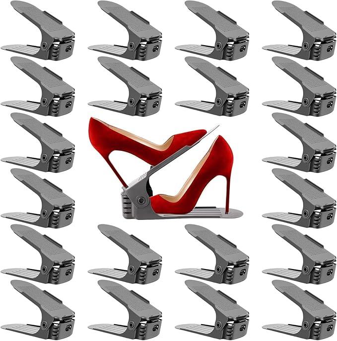 Neprock Shoe Slots Organizer, Adjustable Shoe Rack Stacker Storage Space Saver, Double Deck Shoe Rack Holder for Closet Organization (20-Pack)(Grey)