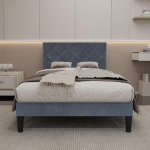 Twin Bed Frames with Adjustable Headboard, Velvet Upholstered Platform Bed, Twin Size Bed Frames with Strong Metal Slat Support,Mattress Foundation, No Box Spring Needed,Easy Assembly Gary