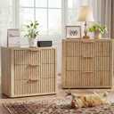 Night Stand with 3 Drawers, 23" Wide Modern Bedside Table with Large Storage, Fluted Bed Side End Table with Metal Handle, Tall Nightstand for Bedroom, Living Room, Office, Nature, Set of 2