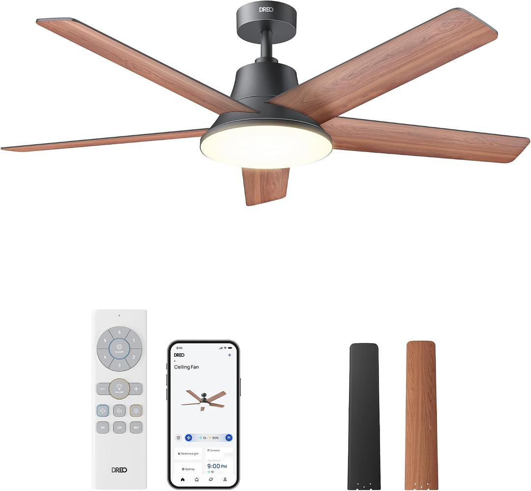 DREO Smart Ceiling Fan with Lights, 52 Inch, 12 Speeds & 3 Fan Modes, Stepless Color Tones, Dimmable LED Light, 12H Timer, Quiet DC Motor, Remote/APP/Alexa Control, Black Ceiling Fans Indoor