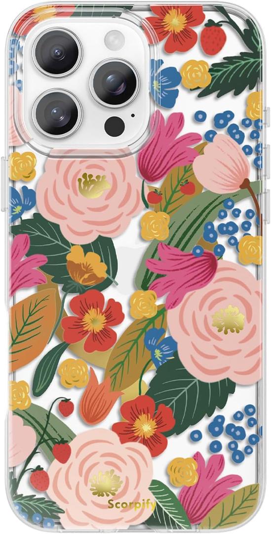 SCORPIFY for iPhone 16 Pro Max Case [Compatible with MagSafe] with Camellia Blossom Floral Design, Cute Clear Flower Magnetic Phone Cover for Women Girls, Slim Bumper with Gold Accents