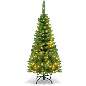 Goplus Prelit Pencil Christmas Tree, 4.5FT Premium Hinged Fir Tree, with LED Lights and Solid Metal Stand, Easy Assemble, Ideal Artificial Xmas Tree for Home and Office, Warm White LED (Green)