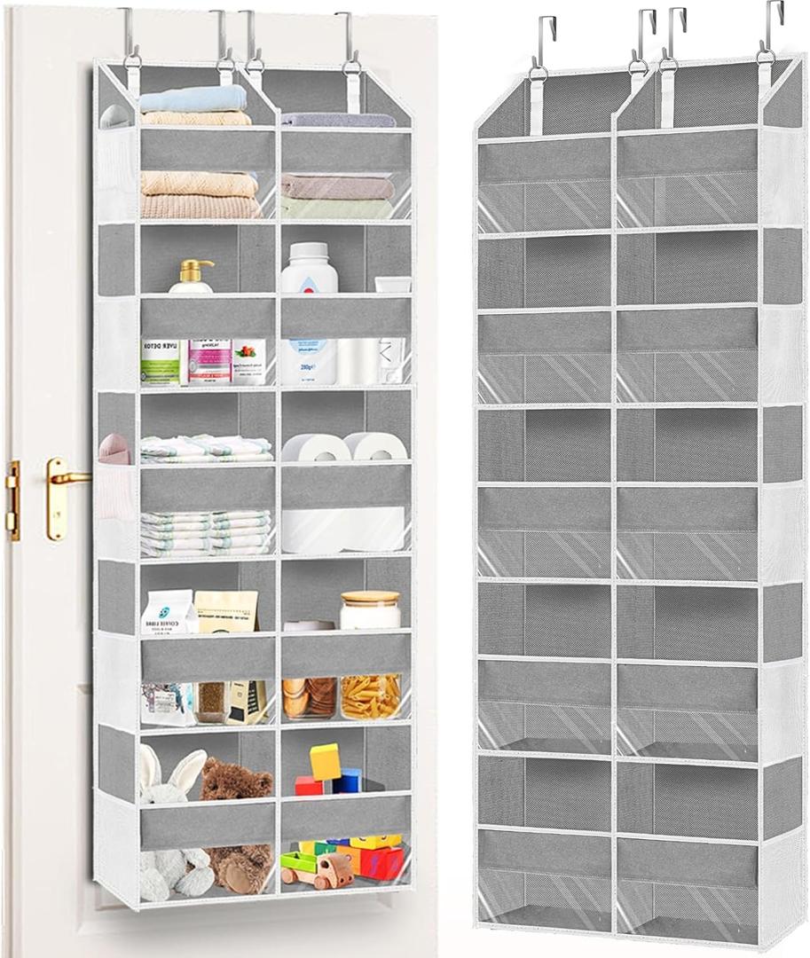 Over The Door Organizer, 5-Tier Extra Large Behind Door Storage with 10 Big Front & 10 Mesh Pockets, 80lb Capacity, Hanging Storage Organizer with Clear Window Kids Toys, Shoes, Diapers, Light Grey (6.9"D x 20"W x 56.9"H)