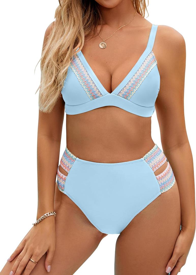 BMJL Women's High Waisted Bikini Sets V Neck Color Block Swimsuit Sexy Two Piece Bathing Suit (Blue58)