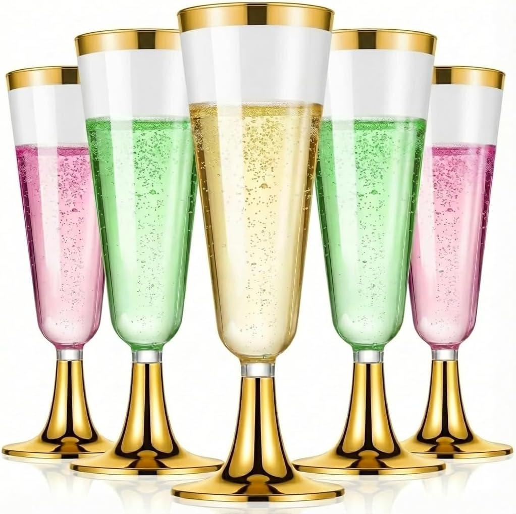 25 Pack Plastic Champagne Flutes 5.5oz Gold Rim Gold Base, Disposable Plastic Champagne Glasses, Suitable for Wedding, Birthday Party, Thanksgiving Day, Christmas Supplies