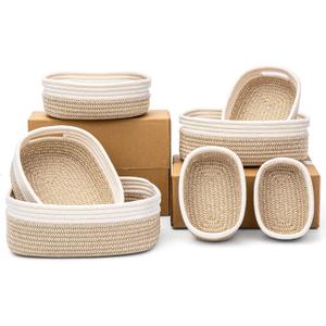 7 Piece Cotton Rope Woven Basket Set - Small Basket for Baby Nursery, Pets, Montessori, Dog & Cat Toy Boxes, Bathroom Organization Bins (White/Brown)