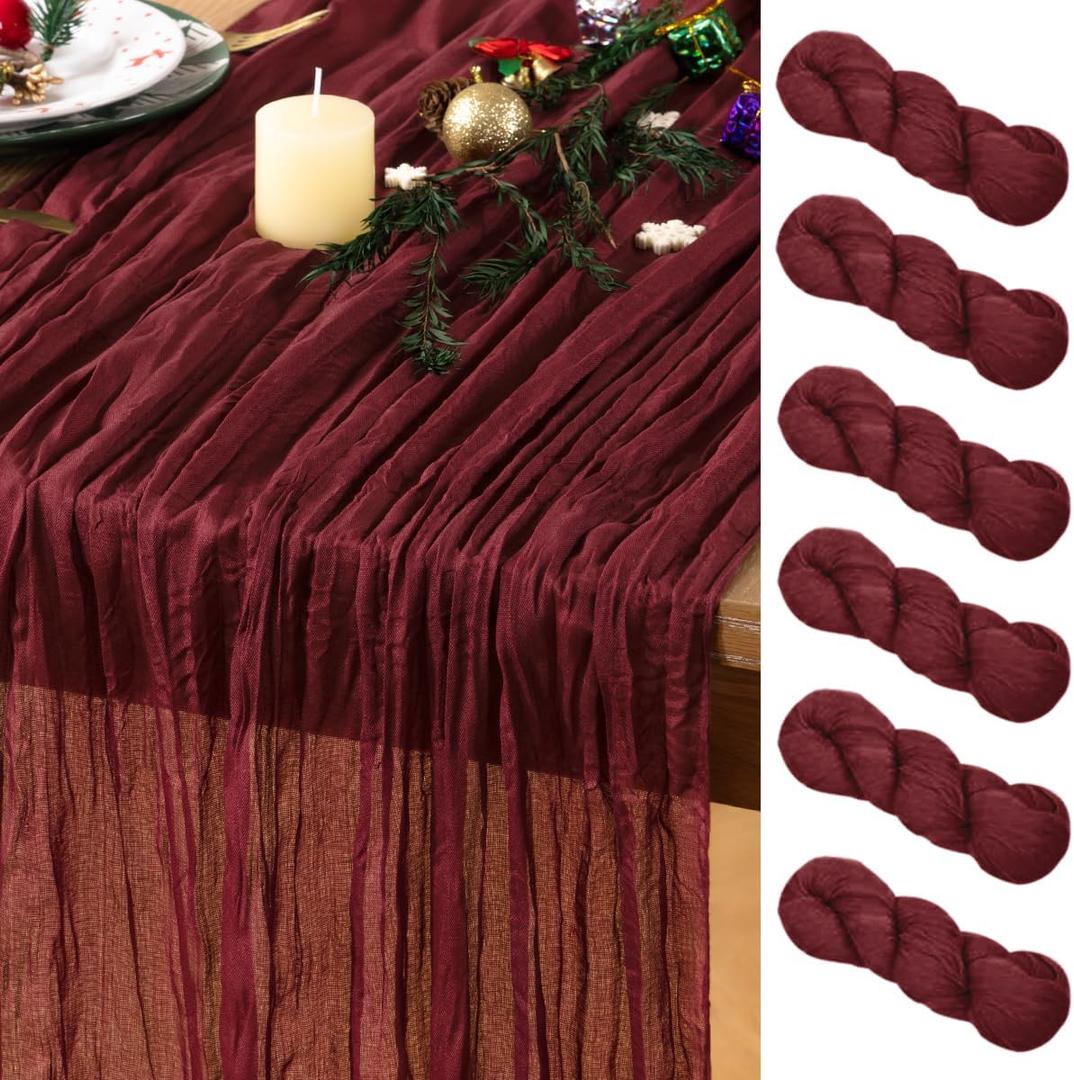 Burgundy Red Cheesecloth Table Runner 6 Pack Spring Table Runners Boho Gauze 120 Inches Cheese Cloth Table Decor for Wedding Bridal Baby Shower Valentine's Day