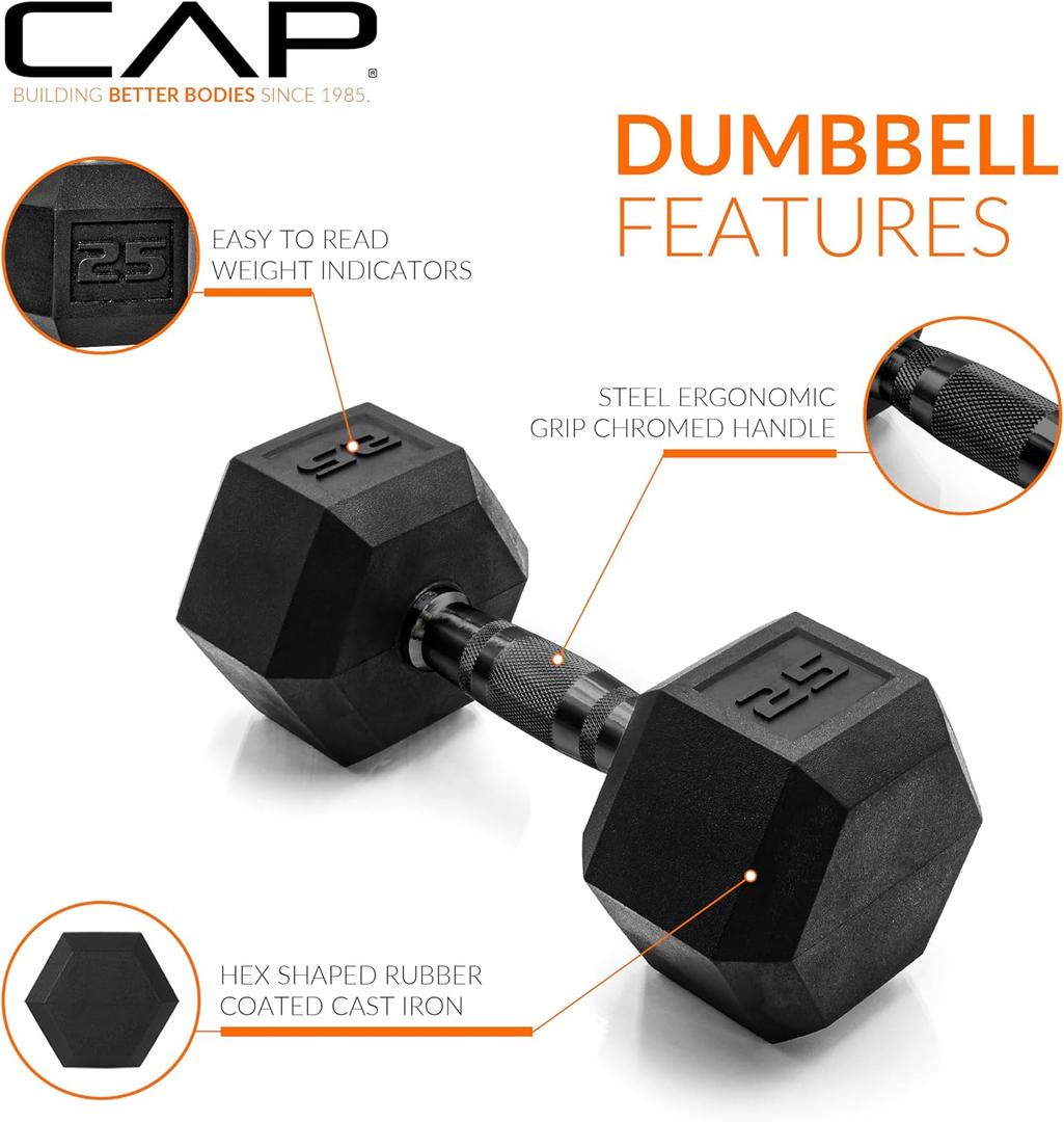 CAP Rubber Coated Dumbbell Weights, Free Weights for Home Gym Strength Training, Anti-Roll Hex Dumbbells with Black, Chrome & Comfort Grip Handles, 25 lb