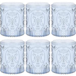Qinyoung 6 Plastic Vintage Drinking Glasses 8.5oz Stemless Retro Embossed Wine Glasses Shatterproof Reusable Cups for Baby Shower Wedding Reception Grand Event Party (Blue)