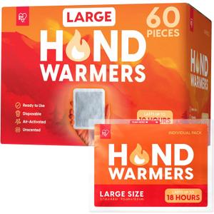 IRIS USA Hand Warmers, Large, 60 Individual Warmers, Regular/Adhesive Body Warmers Up to 18 Hours Disposable Handwarmer Bulk for Hot Hands Feet Chest Back, TSA-Approved, Camping, Large