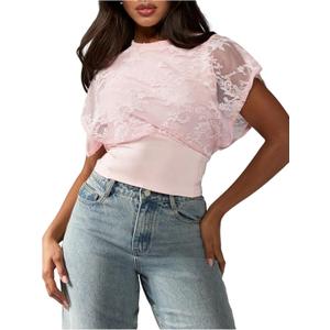 MakeMeChic Women's Elegant Summer Floral Lace Crew Neck Tee Shirt Short Sleeve Crop Top (Pink, M)