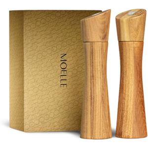 MOELLE Premium Wooden Salt and Pepper Grinder Set Danish Design Teak Wood Shakers, Refillable, Adjustable Coarseness, Ceramic Mechanism, 7.8 inch, In Beautiful Gift Box
