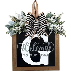 Last Name Year Round Front Door Wreath Front Porch Decoration 26 Letter Welcome Sign with Eucalyptus Garland and Bow Spring Wreaths for Front Door Outside Hanger GarlandG