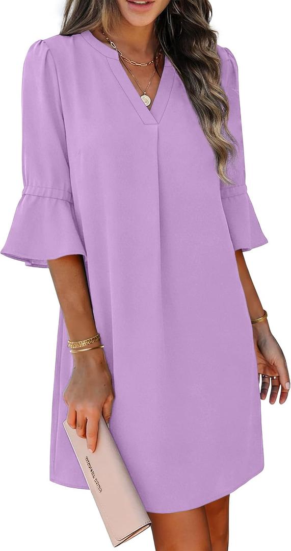 RUMIA Shift Dress for Women V Neck Ruffle Sleeve Loose Summer Office Work Casual Dress Small