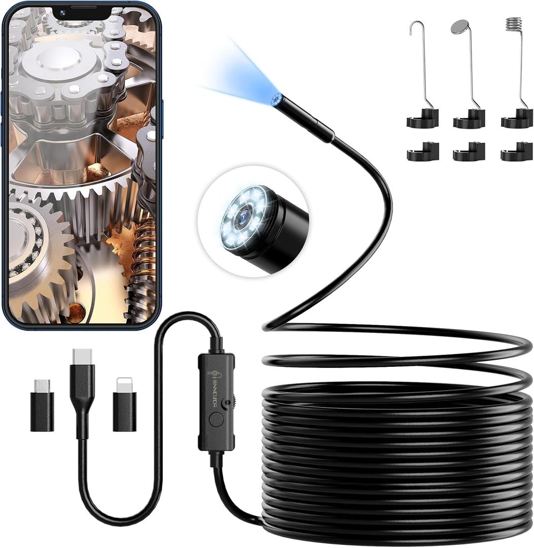 Endoscope Camera with Light, 1920P HD Borescope Camera with 8 Adjustable LED Lights, 16.4ft Semi-Rigid Snake Camera with Light, IP67 Waterproof 7.9mm Inspection Camera for iOS and Android