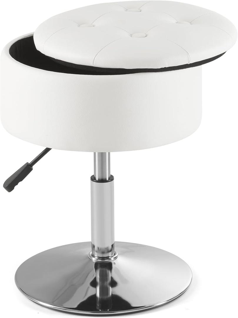 Vanity Chair for Makeup Room Vanity Stool for Makeup Room Round Velvet Ottoman Tufted Makeup Chair Vanity Stools for Bathroom Height Adjustable (White With Storage)