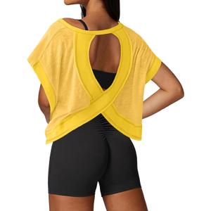 UNIANKIYA Open Back Workout Tops for Women Loose Fit Athletic Crop Tee Short Sleeve Gym Running Yoga Shirt L Yellow