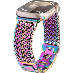 Minyee Compatible with Apple Watch Band 41/40/38/44/45/46/49/42mm Women, Dressy Stainless Steel Metal Adjustable Chain Strap Link Bracelet Wristband for iWatch Series 11 10 9 8 7 6 5 4 3 2 1 Ultra SE (Rainbow)