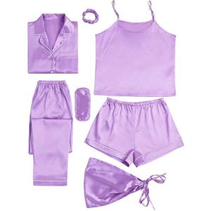 LYANER Women's Pajamas Set 7pcs Silk Satin Sleepwear Loungewear Cami Shirt Pj Set (Medium, Purple)