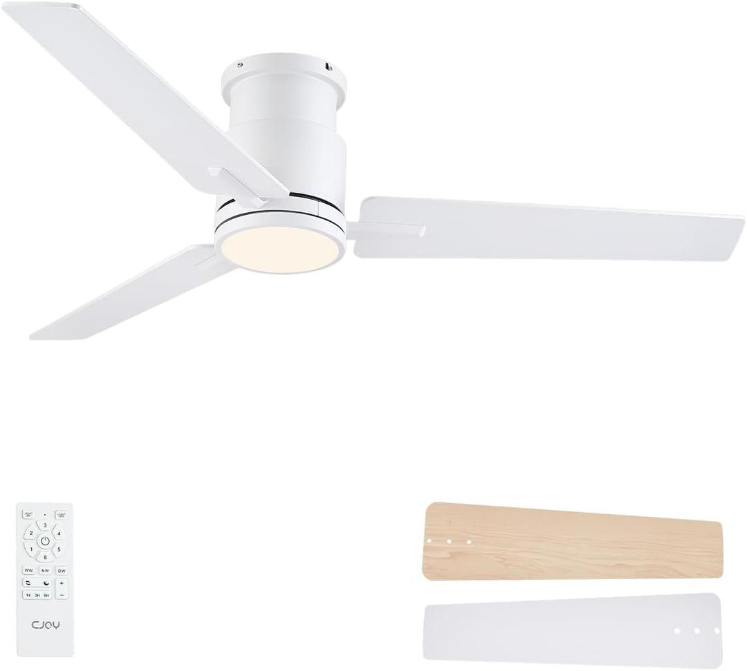 CJOY 52'' Flush Mount Ceiling Fan with Lights, Low Profile Ceiling Fans with Lights and Remote, 6 Speeds Quiet Reversible DC, 3CCT Dimmable, Outdoor Ceiling Fans for Patios Bedroom Living Room (White)