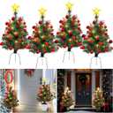 4 Pack 30 Inch Christmas Tree Planter Insert Pre Lit Porch Urn Prelit Holiday Filler Bushes Outdoor Lighted Pathway Artificial Pine Star LED Ball Ornament Branch, Batteries Not Included