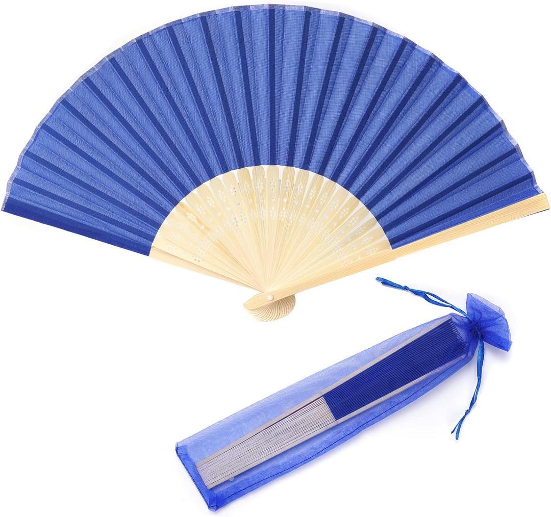 50pcs Imitated Silk Hand Fan Silk Fabric Bamboo Handheld Folded Fan Bridal Dancing Props Church Wedding Party Favors with Organza Bags (Royal Blue)