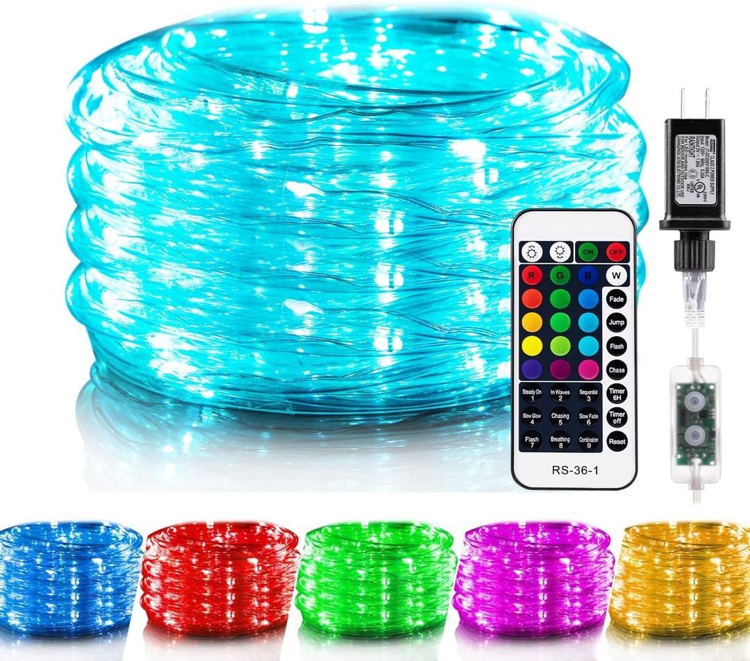 Minetom Color Changing Rope Lights Outdoor, String Lights with Plug & Remote, Twinkle String Lights Indoor Bedroom, Waterproof LED Rope Lights for Outside,16 Colors (33 FT)