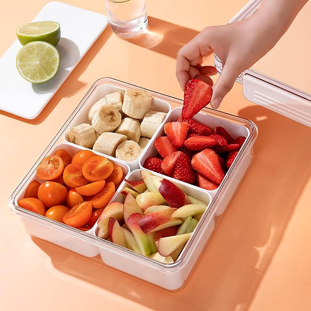 MANO Serving Tray for Party Divided Veggie Tray with Lid Sealed Sectioned Fruit Snack Serving box Vegetable Storage with 4 Compartments Snackle Box Charcuterie Container Fridge Organizer, 1pack-4divided
