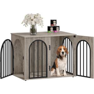 31.5'' Wooden Dog Crate Furniture, Indoor Dog Kennel Dogs Cage for Small/Medium Dogs, Heavy Duty Dog Crates Decorative Pet House End Side Table TV Stand, Greige Black DFC85105B