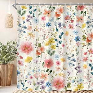 Extra Long Cute Floral Shower Curtain for Bathroom Decor 72Wx84H Vintage Boho Colorful Wildflower Flower Leaves Plant Botanical Art Printed Fabric Polyester Waterproof 12 Pack Plastic Hooks