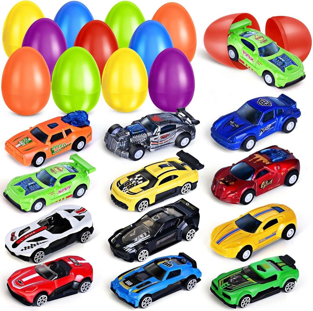 12Pack Prefilled Easter Eggs with Toys Inside, Easter Egg with Die-cast Racing Cars for Kids Basket Stuffers, Hunting Games, Party Favor, Prizes Reward