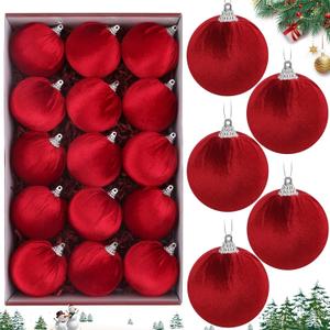 Woration 15pcs Christmas Tree Velvet Ball Hanging Red Ornaments DIY Decorations 2.36 inches Flocked Balls Shatterproof for Tree Xmas Holiday Party