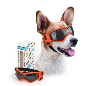 PETLESO Dog Goggles for Small to Medium Breed, Anti-UV Dog Sunglasses Outdoor Riding Driving Hiking, Pet Glasses Windproof Anti-Fog Dustproof Snowproof, Adjustable Straps, Medium Orange